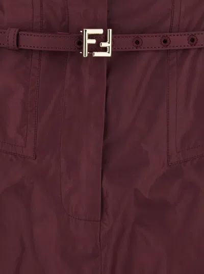 Fendi Women Bordeaux Pants With Ff Buckle Belt And Maxi Turn-up Hem In Silk Woman In Burgundy
