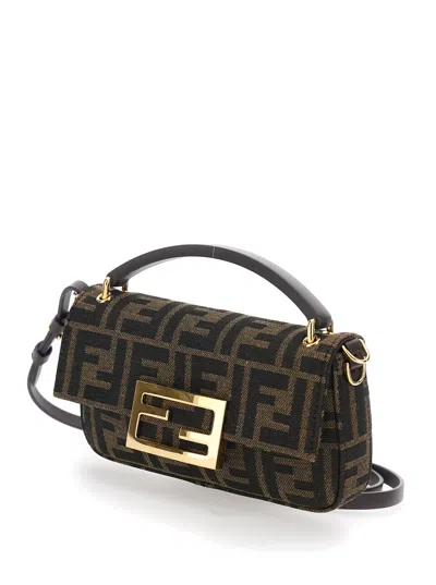 Fendi Women Brown Mini Bag With Removable Shoulder Strap And Ff Plaque Magnetic Closure In Canvas Ff In Multi
