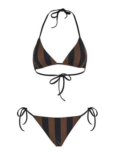 Fendi Women Brown Reversible Bikini With Adjustable Tie Closure And All-over Stripe Motif In Tech Fa In Brown