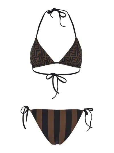 Fendi Women Brown Reversible Bikini With Adjustable Tie Closure And All-over Stripe Motif In Tech Fa In Brown