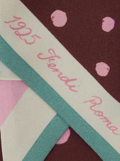 Fendi Women Multicolor Scarf With Polka Dot Pattern And Logo Lettering In Silk Woman In Brown