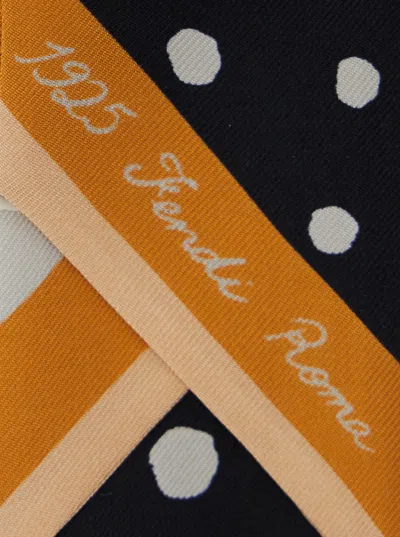 Fendi Women Multicolor Scarf With Polka Dot Pattern And Logo Lettering In Silk Woman In Brown
