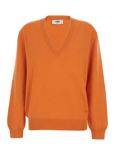 Fendi Women Orange Oversize Sweater With V Neck And Logo Lettering Embroidery On The Front In Cashme In Orange