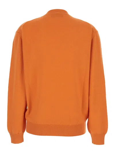 Fendi Women Orange Oversize Sweater With V Neck And Logo Lettering Embroidery On The Front In Cashme In Orange