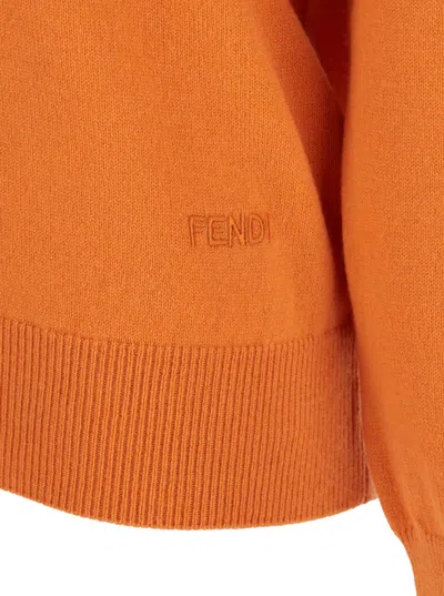Fendi Women Orange Oversize Sweater With V Neck And Logo Lettering Embroidery On The Front In Cashme In Orange