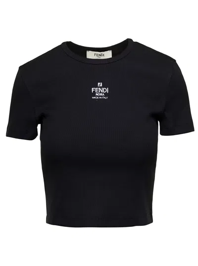 Fendi Women T-shirt A Coste Cropped Con Dettaglio Logo In Cotone Stretch Nero Donna In Black