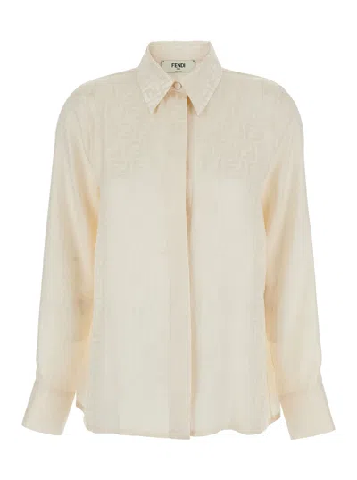 Fendi Women White Shirt With Pointed Collar And Ff Motif In Silk Woman In Neutral