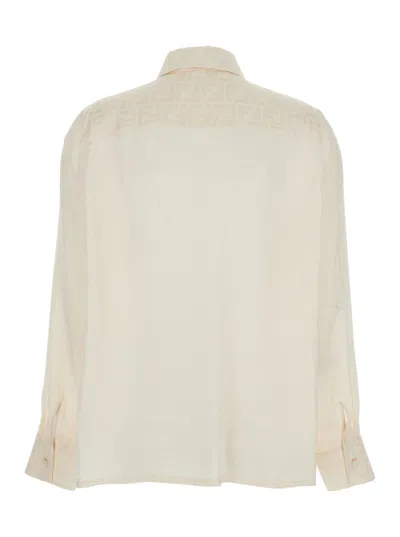 Fendi Women White Shirt With Pointed Collar And Ff Motif In Silk Woman In Neutral