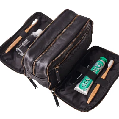 Vida Vida Mens Leather Fold Out Wash Bag - Black In Black