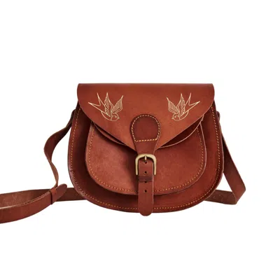 Vida Vida Women's Brown Vintage Full Grain Leather Saddle Bag With Hot-stamped Gold Swallows In Brown
