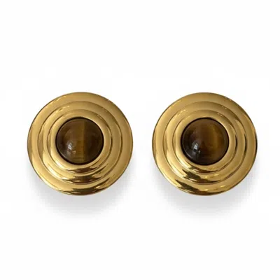Latelita Women's Brown / Gold Como Large Round Stud Earrings Tigers Eye Gold In Multi