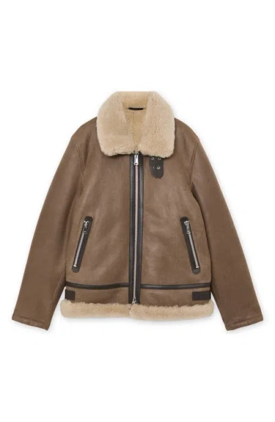 Reiss Hardy Genuine Shearling Trim Aviator Jacket In Brown
