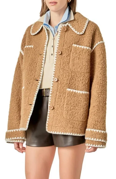 English Factory Embroidered Faux Shearling Jacket In Brown