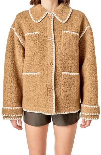 English Factory Embroidered Faux Shearling Jacket In Brown