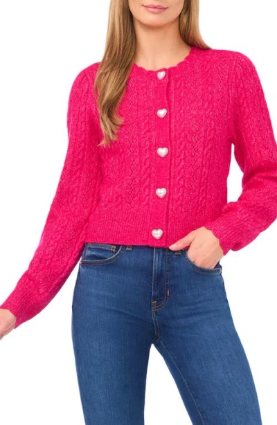 Cece Women's Crewneck Heart Button Pointelle Cardigan Sweater In Pink