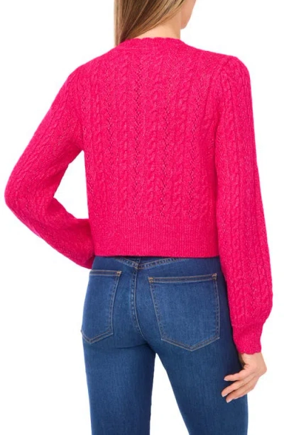 Cece Women's Crewneck Heart Button Pointelle Cardigan Sweater In Pink