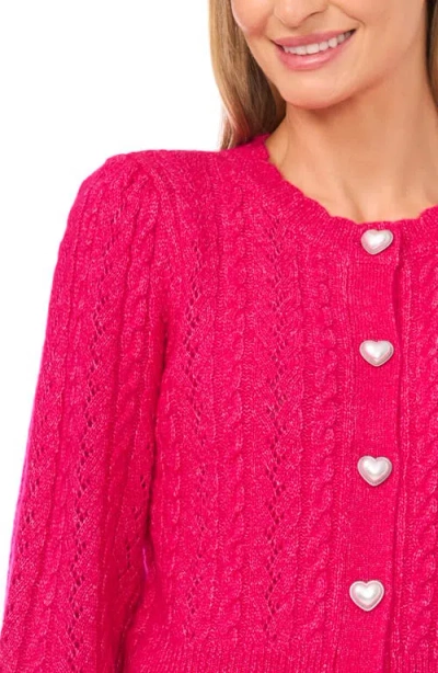 Cece Women's Crewneck Heart Button Pointelle Cardigan Sweater In Pink