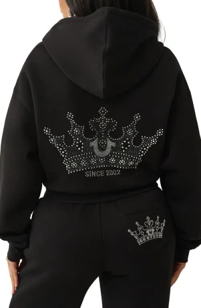 True Religion Women's Crystal Crown Relaxed Cropped Hoodie In Black