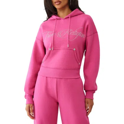 True Religion Women's Cropped Crystal Relaxed Sweatshirt In Pink