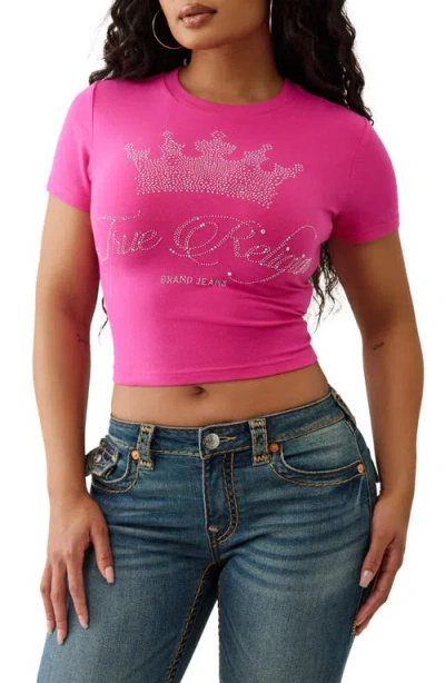 True Religion Women's Crew Neck Crystal Baby T-shirt In Pink