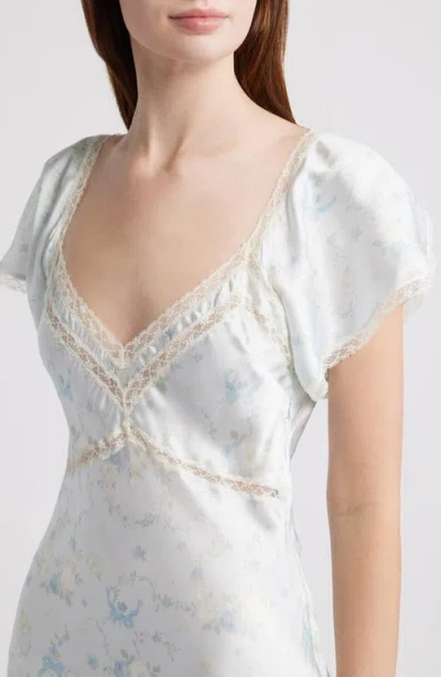 Loveshackfancy Eline Floral Print Lace Trim Silk Maxi Dress In White