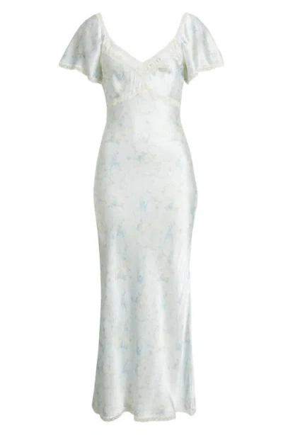 Loveshackfancy Eline Floral Print Lace Trim Silk Maxi Dress In White