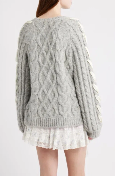 Loveshackfancy Kloss Ribbon Detail Alpaca Blend Cable Sweater In Gray