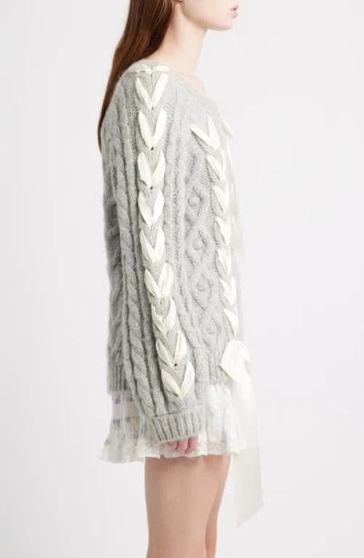 Loveshackfancy Kloss Ribbon Detail Alpaca Blend Cable Sweater In Gray