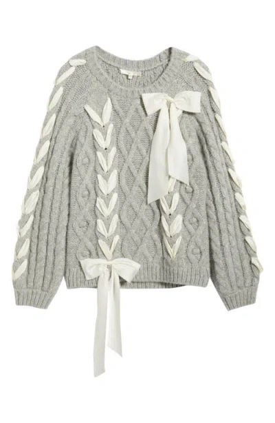 Loveshackfancy Kloss Ribbon Detail Alpaca Blend Cable Sweater In Gray
