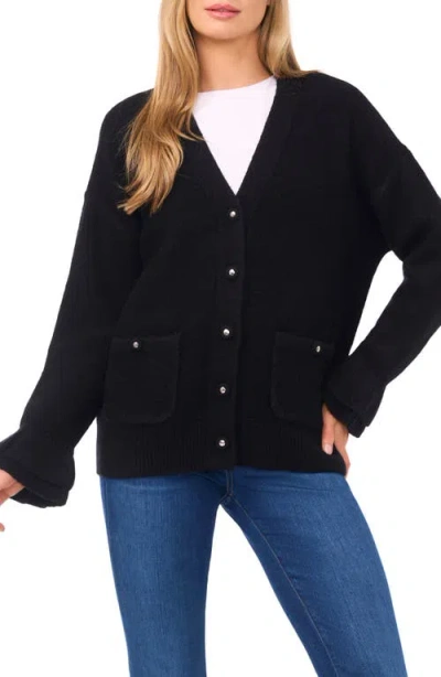 Cece Women's V-neck Ruffle Cuff Cardigan Sweater In Black