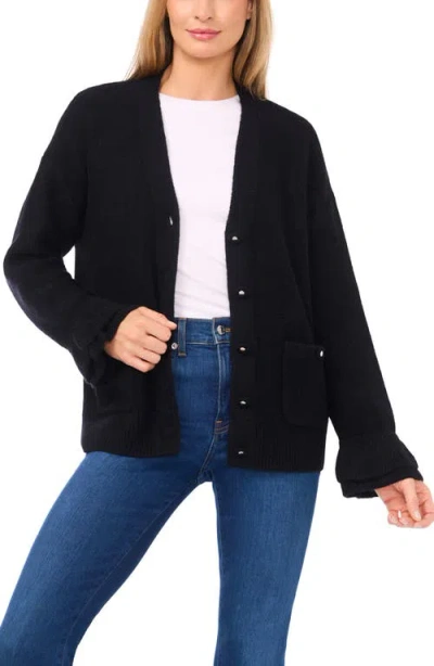 Cece Women's V-neck Ruffle Cuff Cardigan Sweater In Black