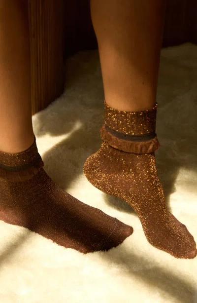 Stems Ruffle Metallic Crew Socks In Brown