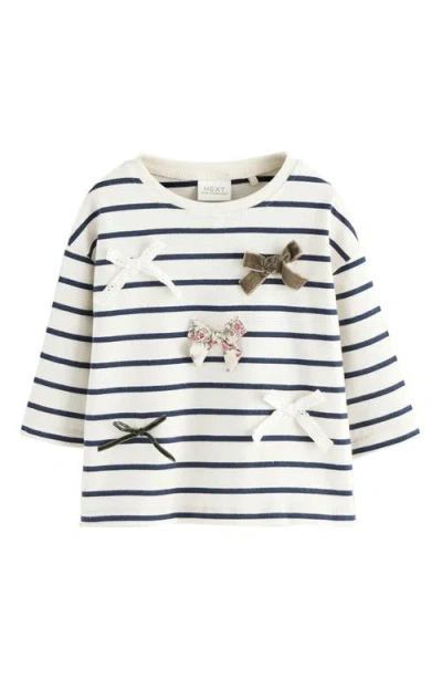 Next Kids' Stripe Bow Appliqué Cotton Top In White