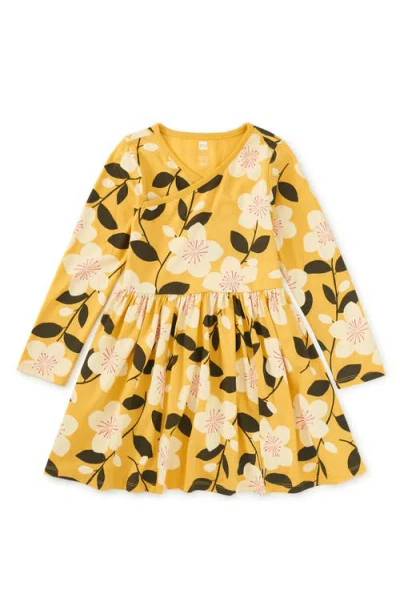 Tea Collection Long Sleeve Wrap Neck Dress In Yellow