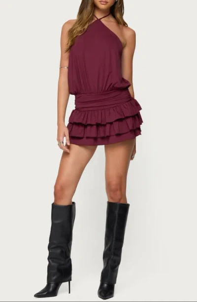 Edikted Fontella Layered Ruffle Halter Minidress In Burgundy