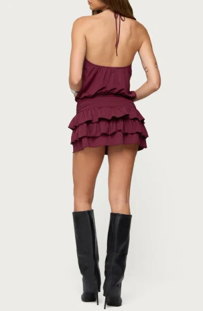 Edikted Fontella Layered Ruffle Halter Minidress In Burgundy