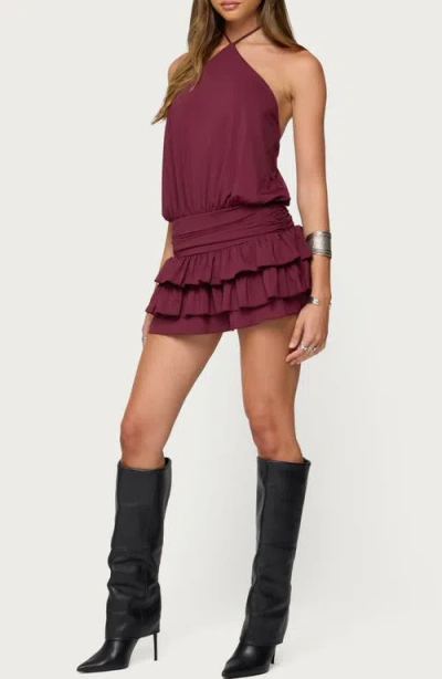 Edikted Fontella Layered Ruffle Halter Minidress In Burgundy