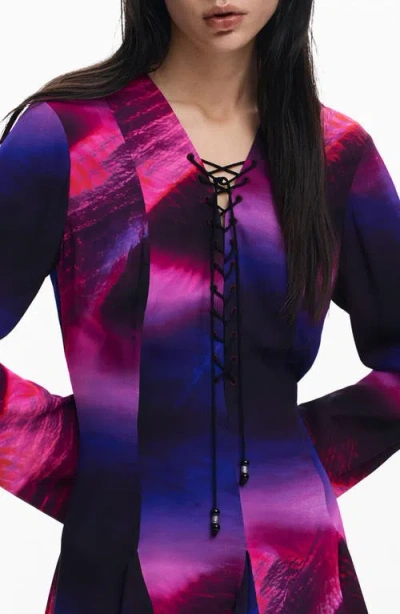 Desigual Print Lace Up Long Sleeve Minidress In Multi