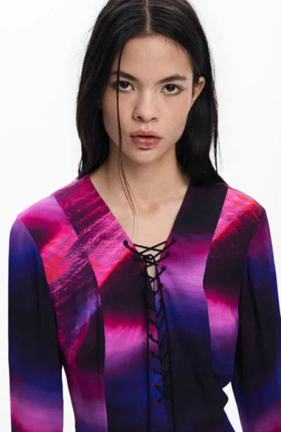 Desigual Print Lace Up Long Sleeve Minidress In Multi