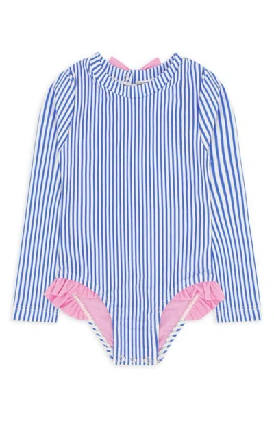 Feather 4 Arrow Kids' Stripe Ruffle Long Sleeve Upf 50+ One-piece Rashguard Swimsuit In Blue
