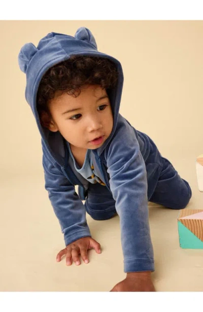 Tea Collection Bear Ears Velour Baby Hoodie In Blue