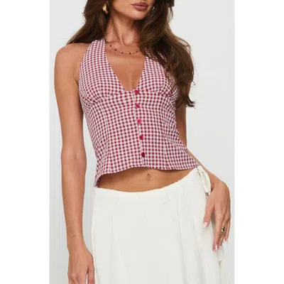 Princess Polly Isolda Gingham Button-up Halter Top In Red