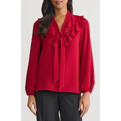 Kasper Ruffle Trim Tie Front Crepe Top In Red