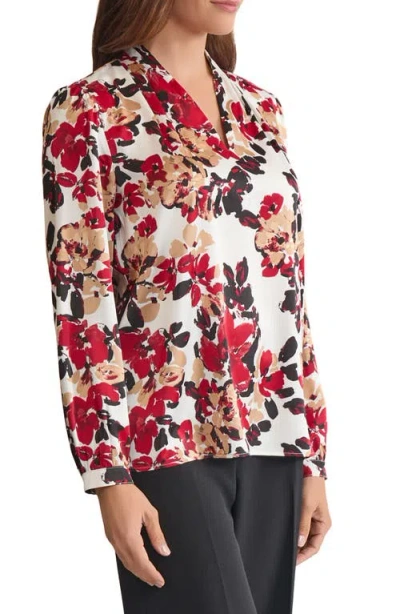 Kasper Floral Print Pleated Shoulder Top In Multi