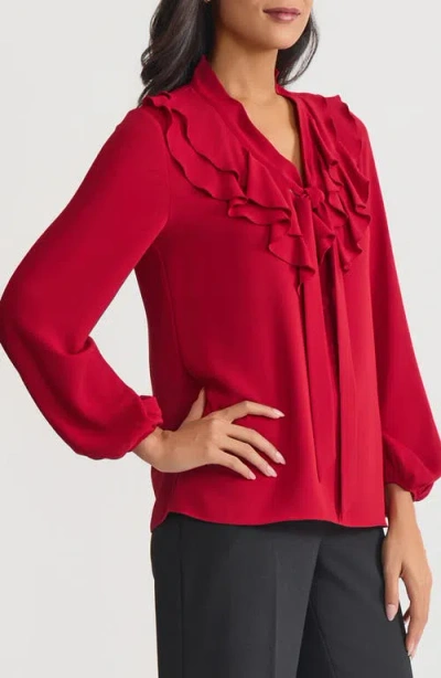 Kasper Ruffle Trim Tie Front Crepe Top In Red