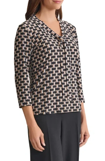 Kasper Geo Print Tie Neck Top In Brown