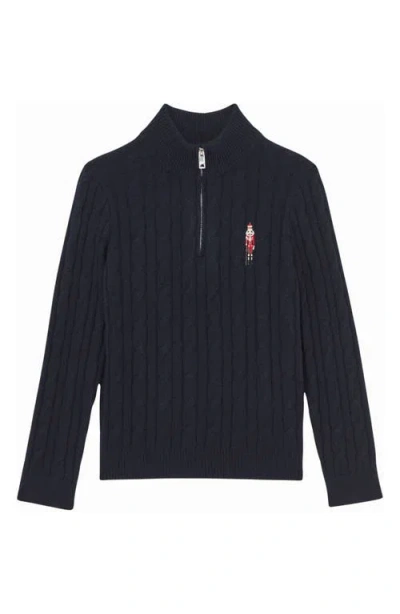 Reiss Kids' Nollaig Embroidered Nutcracker Cabled Quarter Zip Sweater In Blue