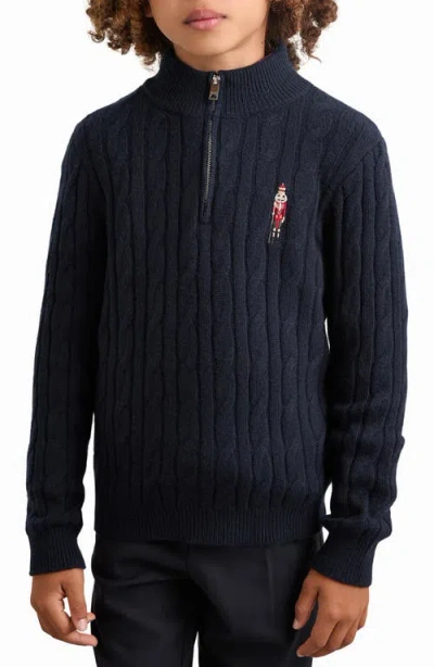 Reiss Kids' Nollaig Embroidered Nutcracker Cabled Quarter Zip Sweater In Blue