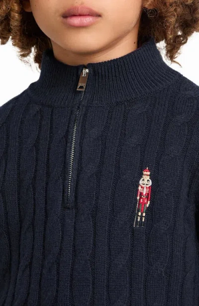 Reiss Kids' Nollaig Embroidered Nutcracker Cabled Quarter Zip Sweater In Blue