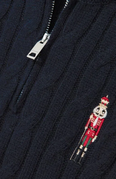 Reiss Kids' Nollaig Embroidered Nutcracker Cabled Quarter Zip Sweater In Blue